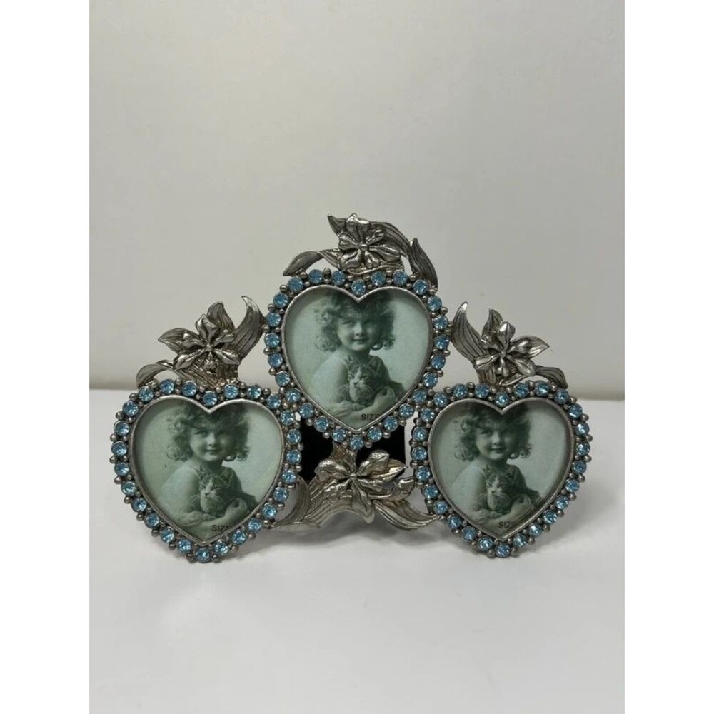 Picture Frame Triple Heart Silver Tone Floral Rhinestone